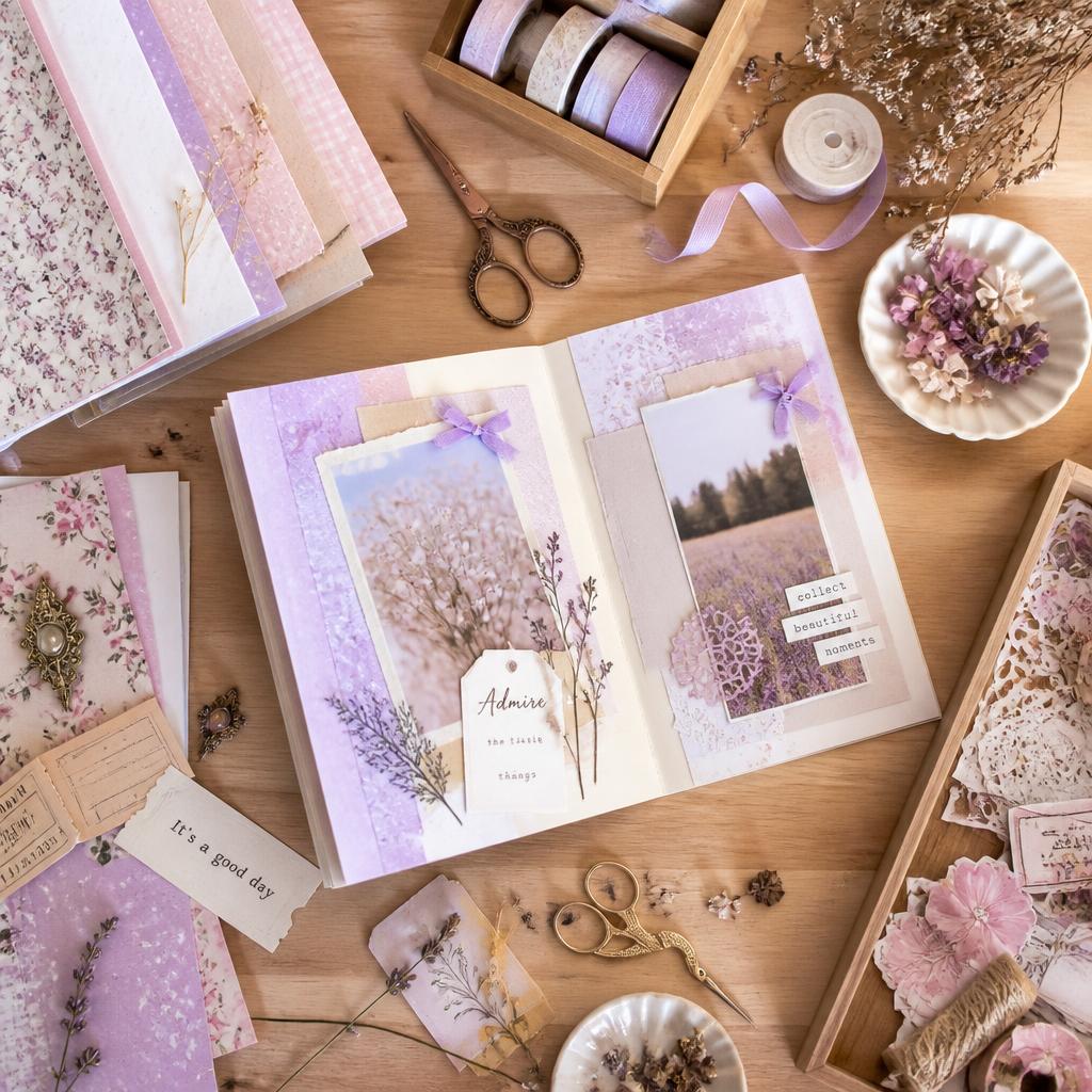 Mesa de trabalho com papéis, fitas e materiais de scrapbook